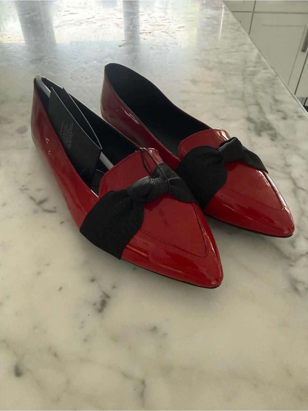 Burberry Red Patent Pointed-Toe Flats with Black Bow Accent